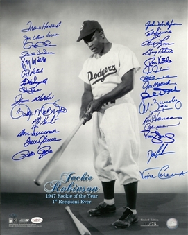 Rookie Of The Year Winners Multi Signed 16x20 Jackie Robinson 1st Rookie Of The Year Photo With 29 Signatures Including Lynn, Gooden, and Seaver (JSA & FSC)